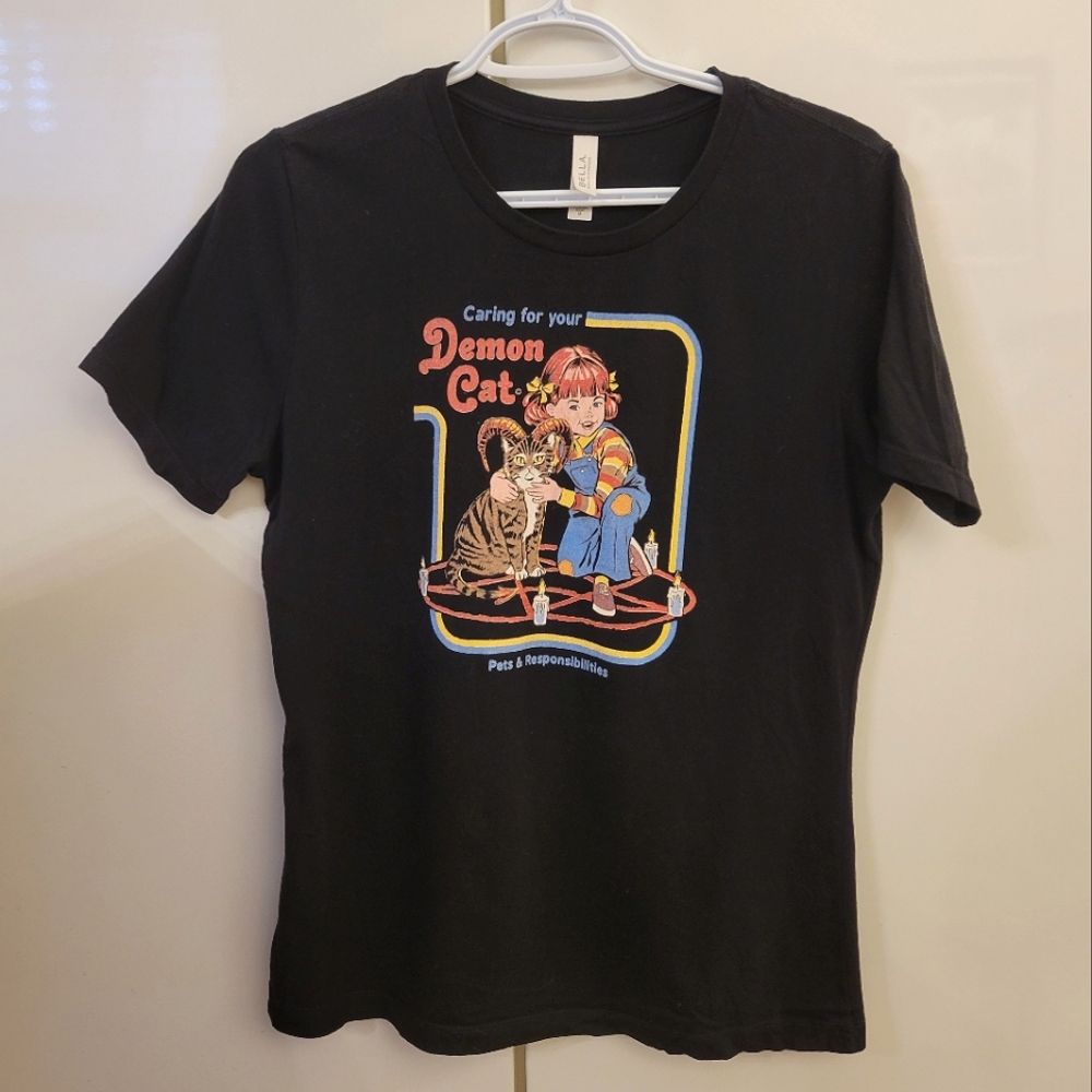 Steven Rhodes Graphic Tee with Demon Cat Design, Black, Medium